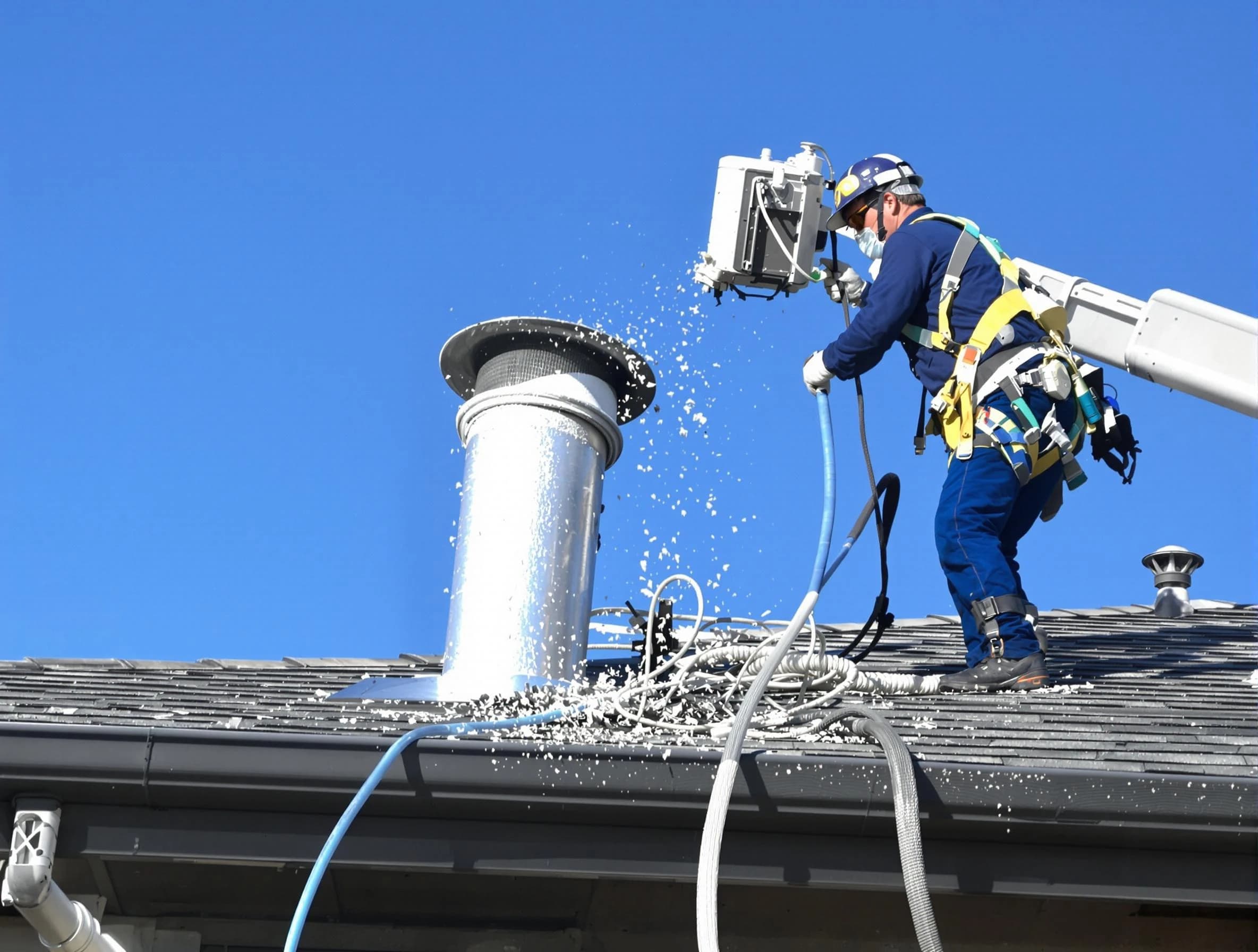 El Reno Dryer Vent Cleaning certified technician safely cleaning a roof-mounted dryer vent in El Reno