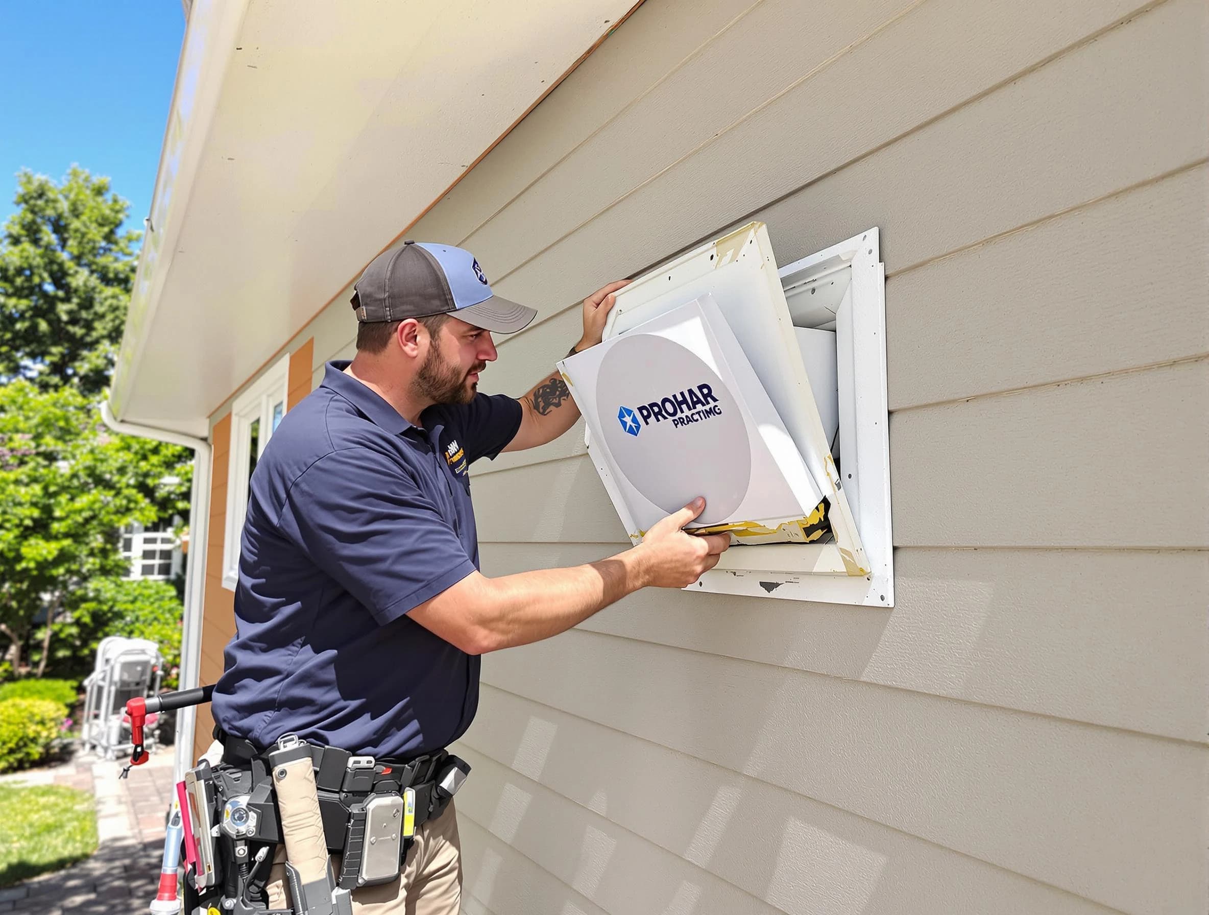 El Reno Dryer Vent Cleaning technician installing a new protective dryer vent cover on a home in El Reno