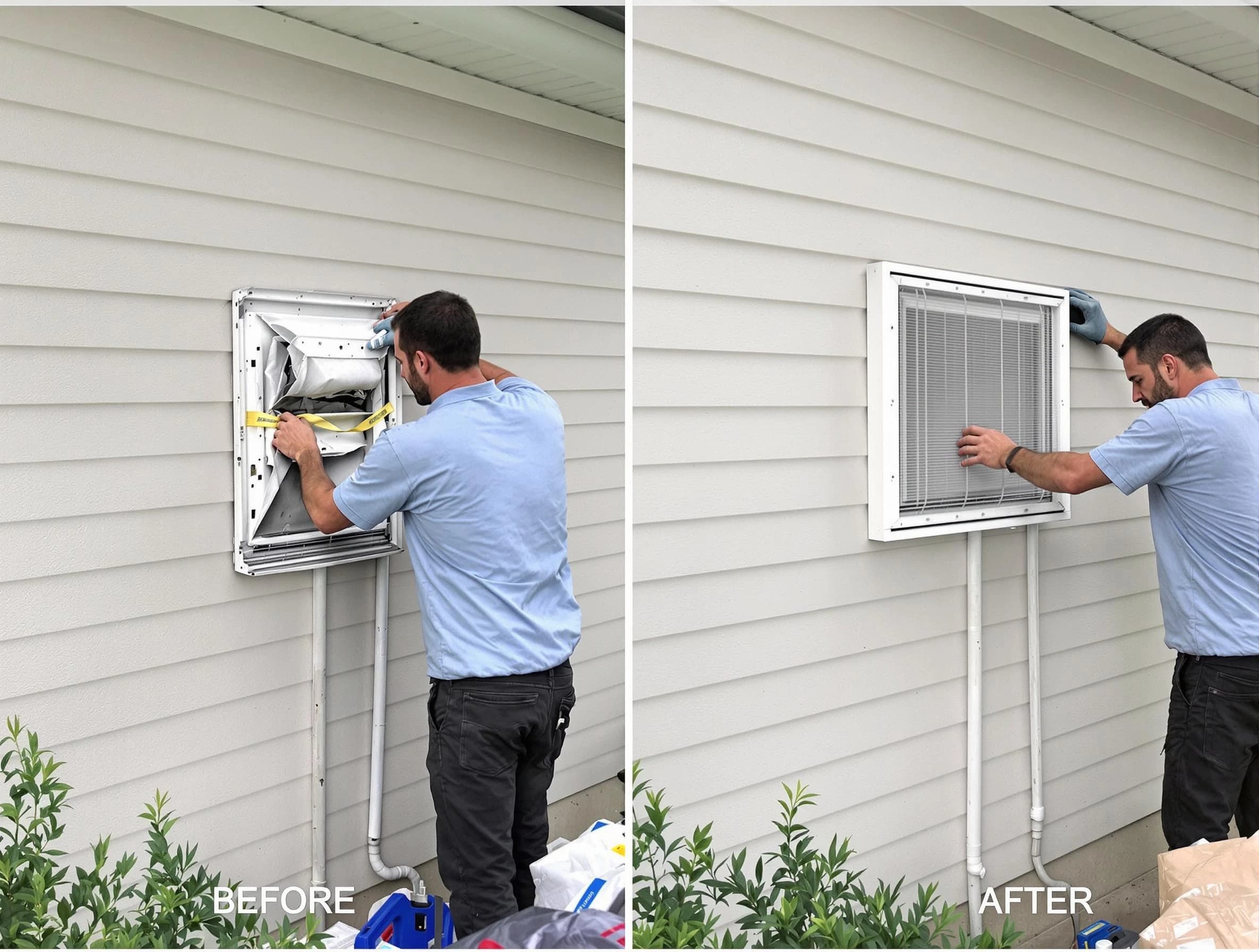 El Reno Dryer Vent Cleaning technician installing high-quality dryer vent cover at a residential property in El Reno